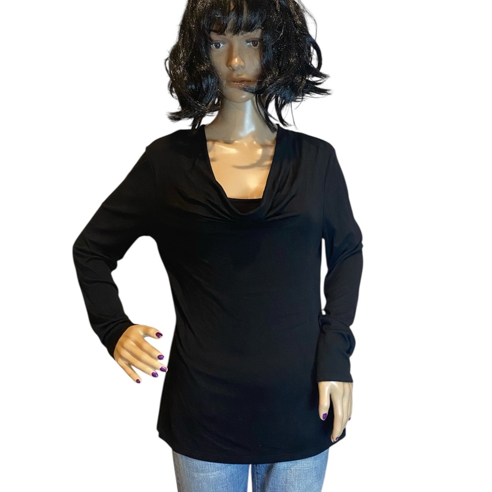 White House Black Market WHBM Double Layer Drape Neck Top Black Size Small EUC